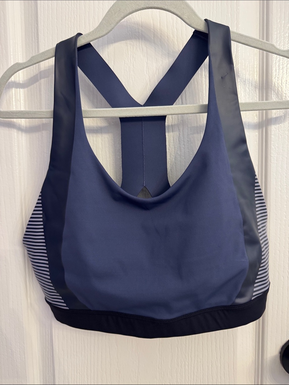 Athleta Deep Navy Racerback Sports Bra with Striped Side Panels